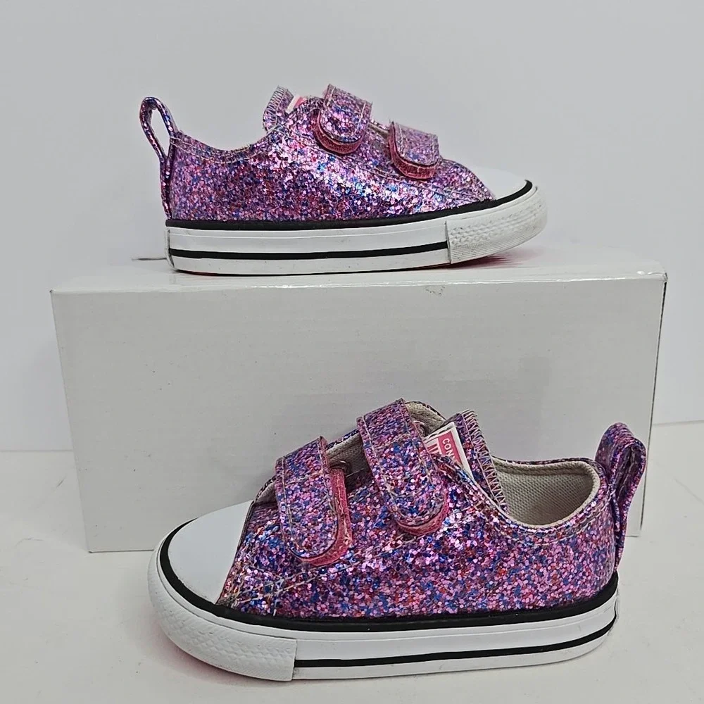 Converse Chuck Taylor All Star Pink Purple Glitter Toddler 6 Double strap Shoe V